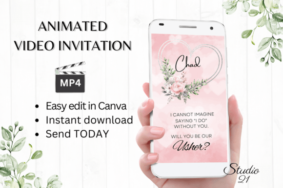 Elegant Pink Roses Usher Proposal W3279U for Modern Invitations